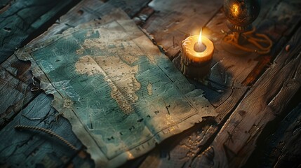 A flickering candle casts light on a map strewn across a wooden table.