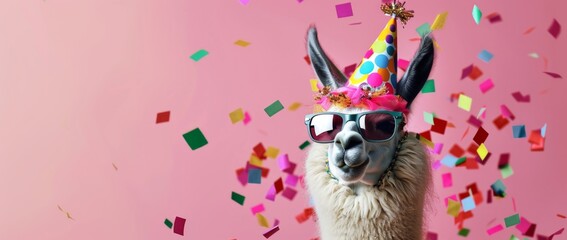lama wearing sunglasses and a colorful birthday hat, with confetti flying around on a pink background
