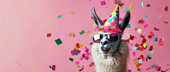 Selbstklebende Fototapeten lama wearing sunglasses and a colorful birthday hat, with confetti flying around on a pink background © wanna
