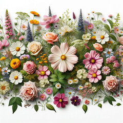 variety of flowers and greenery arranged on a white background