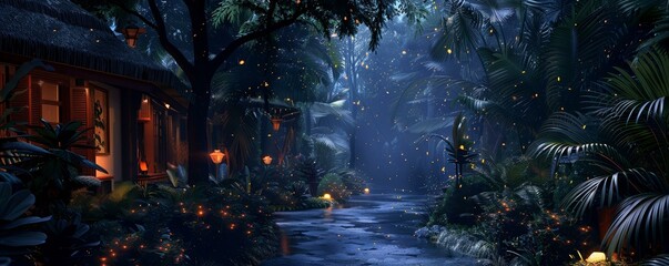 A twilight rendezvous where a vibrant garden meets the untamed jungle, lit by the serene glow of fireflies