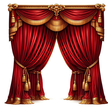 classic and elegant illustration of luxurious red theater curtains tied with golden tassels