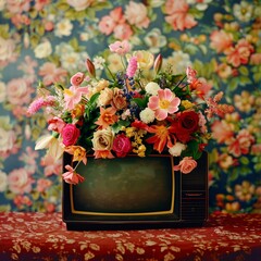 Retro television set, overflowing with vibrant flowers, against a backdrop of vintage wallpaper.