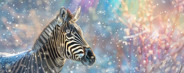 Fototapeta na wymiar Snowflakes and rainbows collide above a zebra, painting a picture of harmony and contrast in the wild
