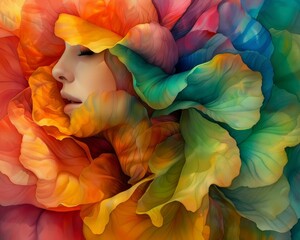 Surreal portrait of a woman emerging from a watercolor flower, vibrant hues blending, symbolizing growth and beauty in unity
