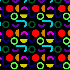 Set of designs of primitive colored geometric shapes Seamless pattern on a black background. Creative collection of abstract art for kids or holiday design. Simple designs for fabric, background, prin