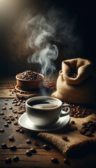 hot coffee cup on a table with scattered coffee beans
