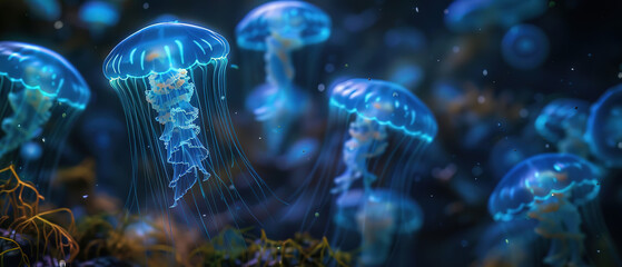 dark underwater scene illuminated by the gentle glow of bioluminescent jellyfish. The jellyfish are drifting gracefully