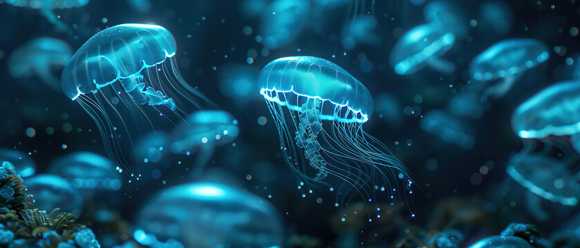 dark underwater scene illuminated by the gentle glow of bioluminescent jellyfish. The jellyfish are drifting gracefully