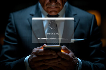 Businessman using smartphone and laptop uploading to cloud computing to download and loading data information and upload on system network application.

