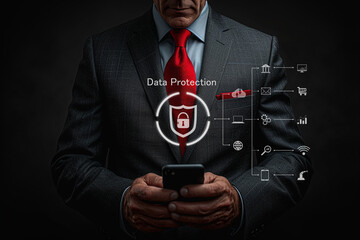 Cyber security network. Data protection concept. Businessman using laptop computer with digital padlock on internet technology networking with cloud computing and data management, cybersecurity	