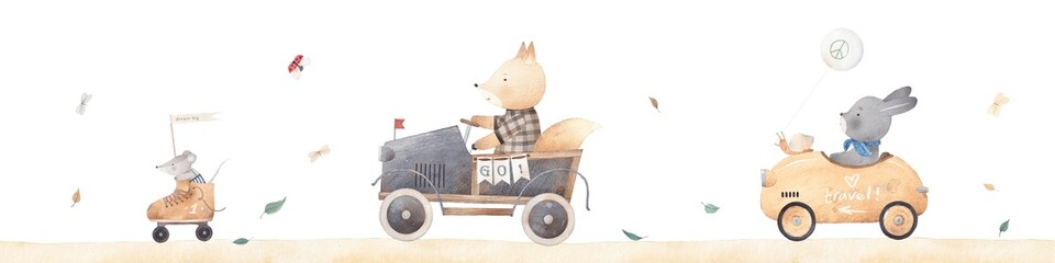 Watercolor illustration. Mouse, fox , bunny and snail ride retro cars. Animal friends go on an adventure. Watercolor set. Baby postcard. - 763010792