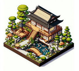 isometric illustration of a traditional Japanese house with its characteristic architecture
