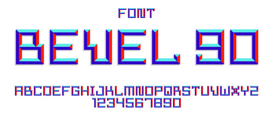 Minimal geometric cyberpunk font with facet effect, vector typeface in geometry volume style, future technology 3D urban beveled typography, alphabet letters and numbers.