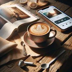  A warm and inviting scene featuring a hot cup of coffee with intricate latte art © jiraporn
