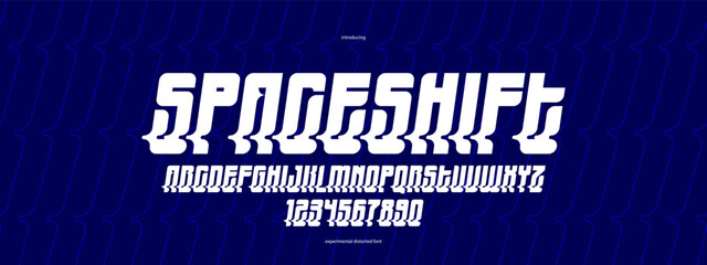 Bended and deformed display font for logos and posters, vector distorted and twisted italic typeface for headlines and advertising, letters and numbers alphabet typography.