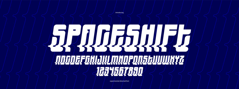 Bended and deformed display font for logos and posters, vector distorted and twisted italic typeface for headlines and advertising, letters and numbers alphabet typography.