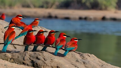 Red birds Colorful Southern Carmine beeeater Merops nu - obrazy, fototapety, plakaty