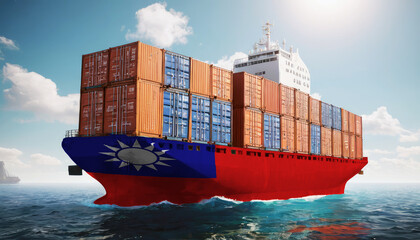Ship with Taiwan flag. Sending goods from Taiwan across ocean. Taiwan marine logistics companies. Transportation by ships from Taiwan.