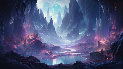 An otherworldly and magical mountain landscape with 