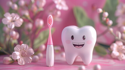 cute smiling 3D tooth with toothbrush. National Dentists Day. Dental concept.