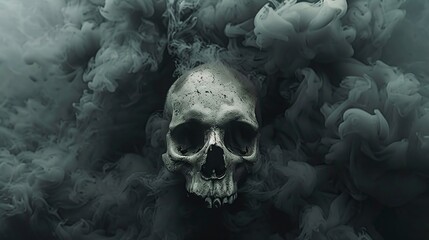 Skull Sitting Prominently Against a Backdrop of Swirling Black Smoke. Gothic and Mysterious Concept.