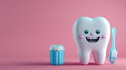 cute smiling 3D tooth with toothbrush. National Dentists Day. Dental concept.