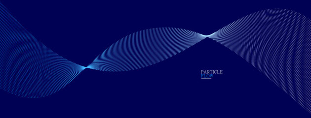 Blue dots in motion dark vector abstract background, particles array wavy flow, curve lines of points in movement, technology and science illustration.