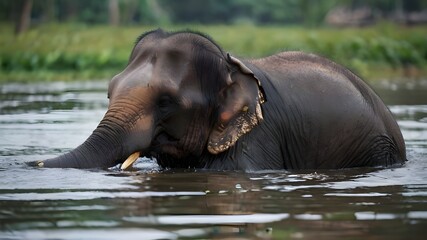 A male Asian elephant is enjoying bathing