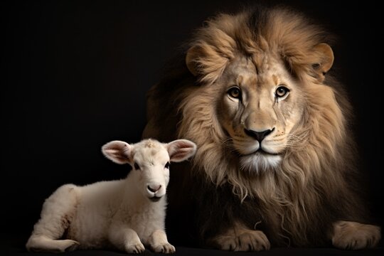 a lion and lamb sitting next to each other