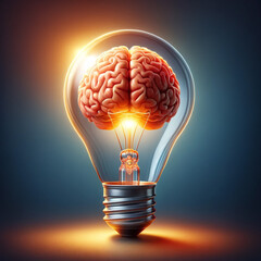 A glowing light bulb with a brain inside, symbolizing a bright idea or intellectual inspiration