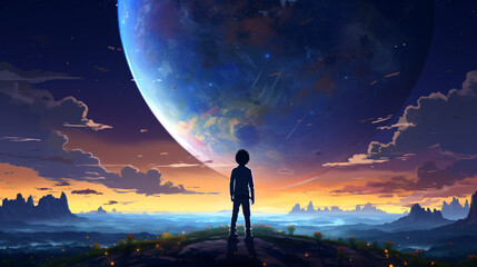 Anime boy watching the big planet digital art painting