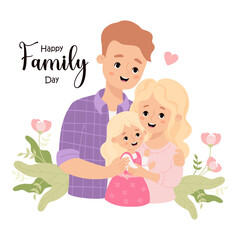 Happy Family Day card. Cute man father, with wife mother blonde and daughter in flowers. Vector illustration