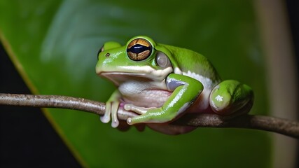 Obraz premium Australian white tree frog on leaves dumpy frog on bra
