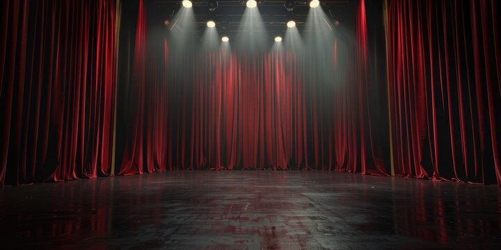empty 3d room background template of a theater stage spotlights and red and black curtains