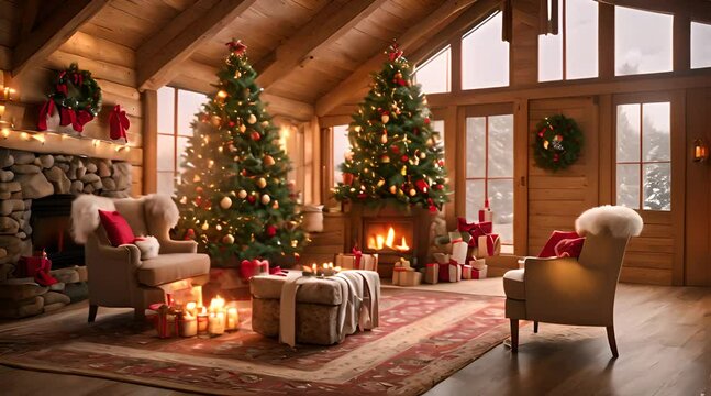 Rustic Christmas Charm, A Cozy Living Room with Trees and a Stone Fireplace