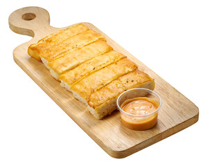 Cheese bread sticks with dipping cheese, Butter bread sticks isolated on woonden plate on white...