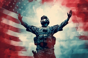 a soldier with arms raised in the air - obrazy, fototapety, plakaty