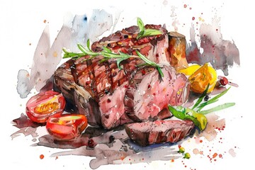 A delicious watercolor image of a juicy lamb steak.