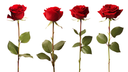 Red rose flower with clipping path, side view. Beautiful single red rose flower on stem with leaves isolated on white background. Naturе object for design to Valentines Day, mothers day, anniversary