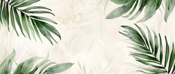 White background with sage green palm leaves, watercolor painting in the style of vintage style