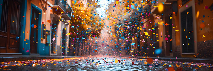 Colourful confetti on the street ,
 Multi colored confetti falling in vibrant celebration fun in street