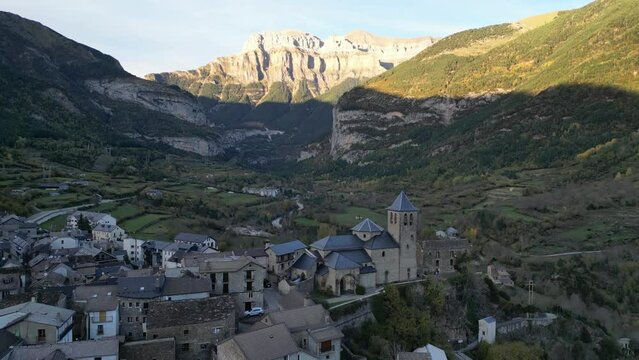 Torla Mountain Village in Ordesa Y Monte Perdido National Park, Pyrenees, North Spain - Aerial 4k