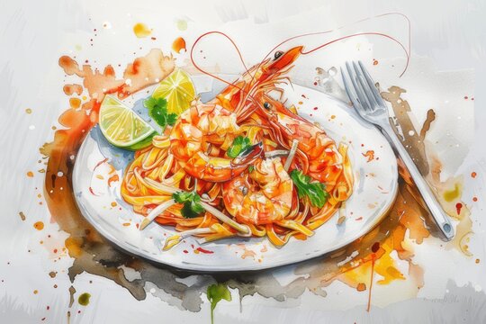 Delicious watercolor images of Pad Thai A classic Thai dish of stir-fried rice noodles with tofu, shrimp, bean sprouts and peanuts, bursting with flavor and bright colours.