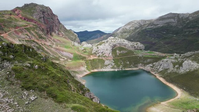 Mountain Lake in Somiedo National Park, Asturias, North Spain - Aerial 4k Circling