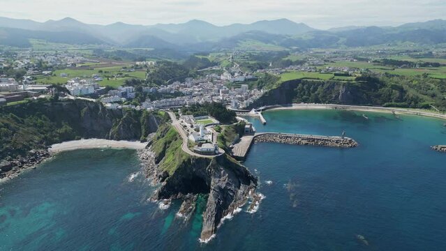 Luarca Coastal Village in Asturias, Spain - Aerial 4k