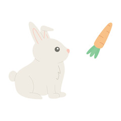 Cute Easter bunny rabbit in sitting pose with carrot vector illustration. Rabbit and carrot flat cartoon vector illustrations isolated on white background. White Rabbit Flat Icon