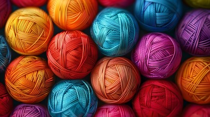 Colorful yarn balls neatly arranged fill the frame, vibrant and eye-catching. perfect for art and craft themes. ideal for design backgrounds. AI
