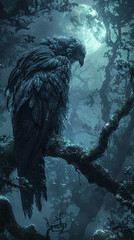 Mystical creature, Feathered wings, Enchanted being residing in ancient forest, Moonlit night, Fantasy illustration, Backlights, Motion Blur - obrazy, fototapety, plakaty