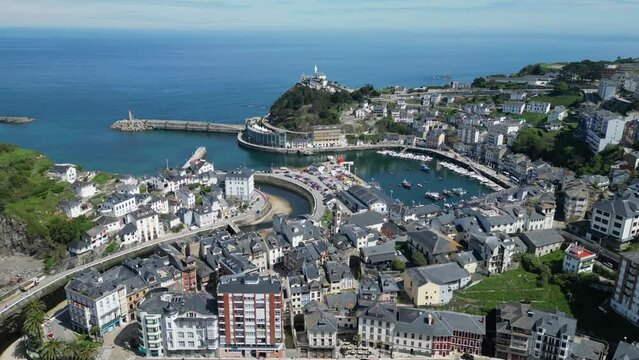 Luarca Fishing Village and Port in Asturias, Spain - Aerial 4k